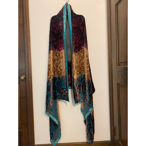 Accessories - Floral Burnout Velvet Oversized Shawl Scarf Wrap Multicolor Metallic Trim 42x88
